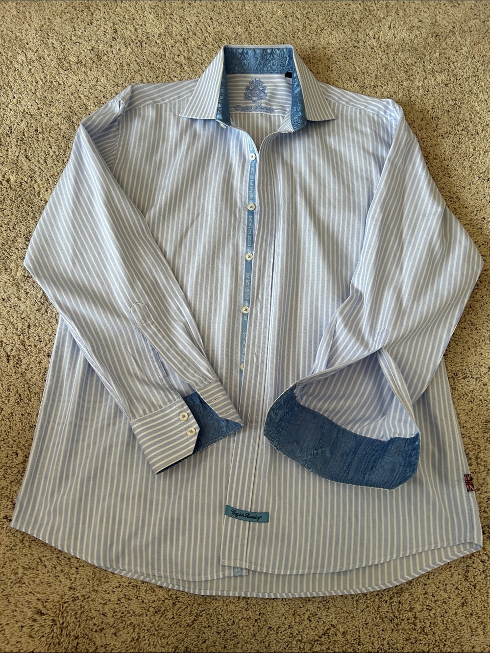 English Laundry Light Blue & White Striped Dress Shirt with Light Blue Contrast